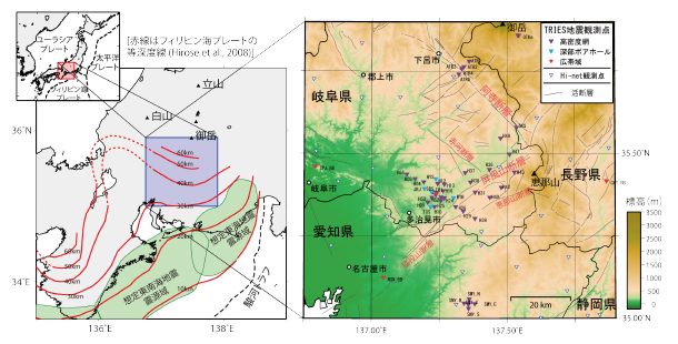 地震観測点の分布（49カ所）とフィリピン海プレートの等深度線。 このプレート境界で発生する地震として東海地震が想定されており、東濃地域はその北西延長にあります。